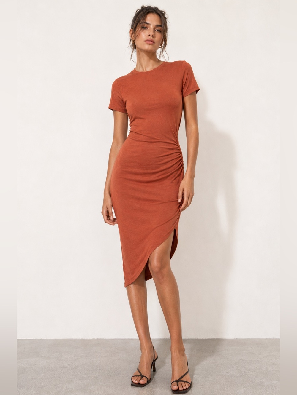 Noisy May Rust Ruched Asymmetrical Midi Dress M